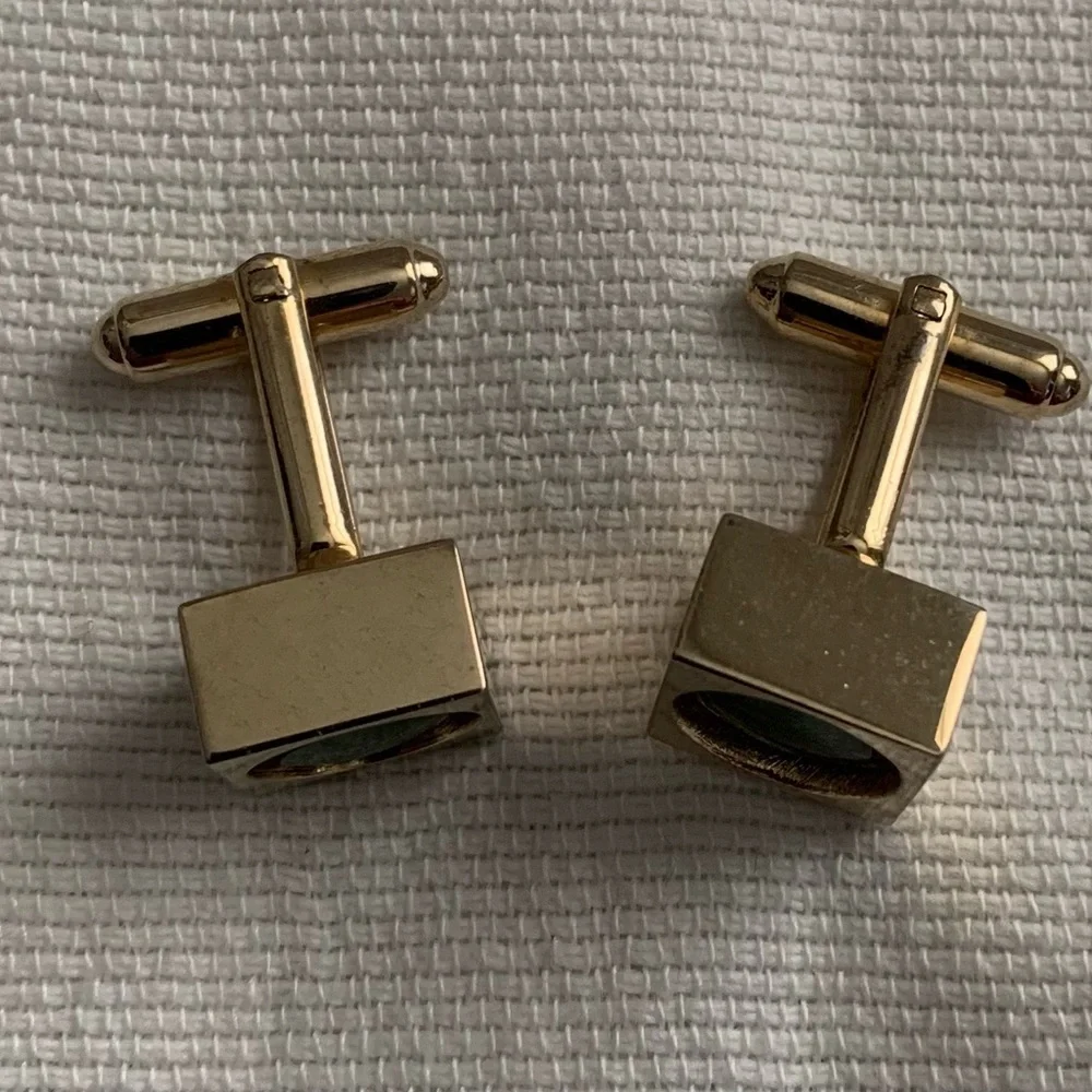 Vintage Cufflinks Gold Tone Square with Green Chrysoprase Stone